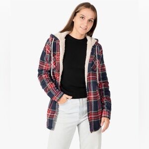 Zenthace Flannel Jacket Hood Sherpa Fleece Lined Plaid Tartan Red Navy S NWT